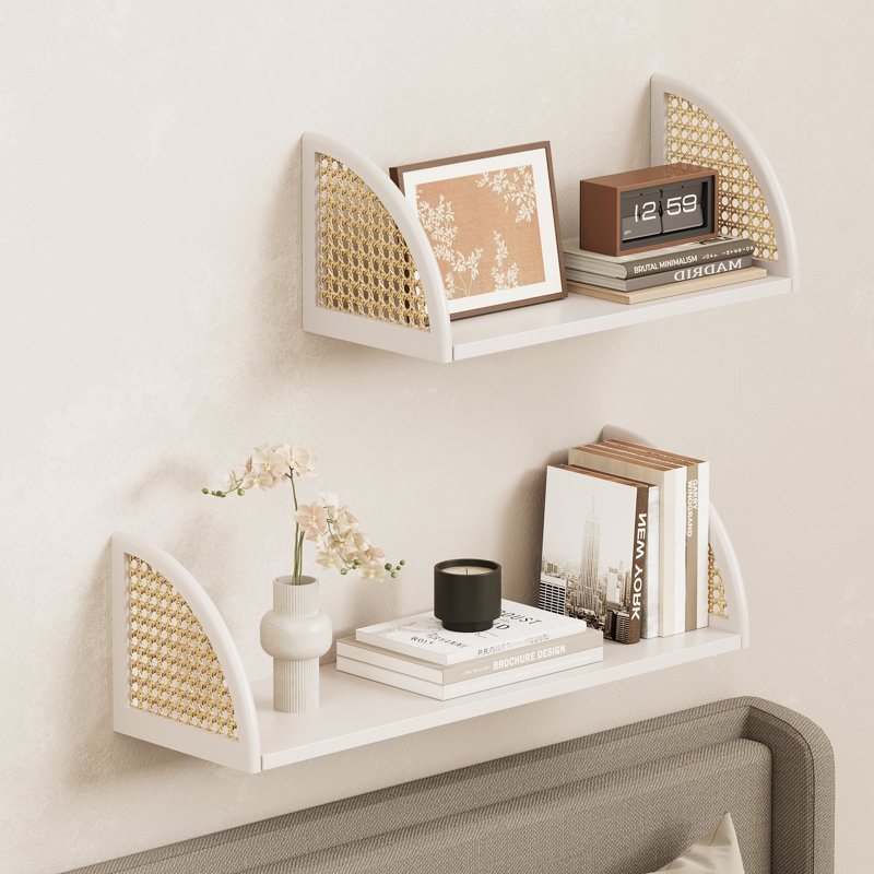Tablettes murales flottantes en bois avec côtés en rotin, 24,8 po, 2 tablettes murales blanches, 24.8 inch, Blanc