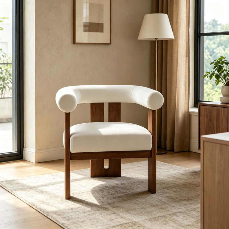 Chaise d'appoint moderne rembourrée avec accoudoirs ronds, Beige