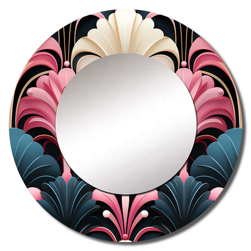 Motif damassé rose et bleu Art déco - miroir mural décoratif damassé, miroir rond Boho, impression sur métal, 29 po x 29 po