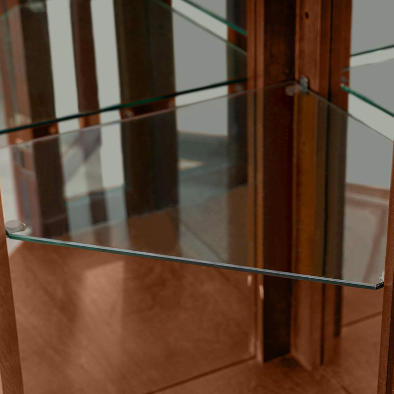 Vitrine de coin avec lumières, 2 tablettes fixes et 3 tablettes en verre trempé, noyer