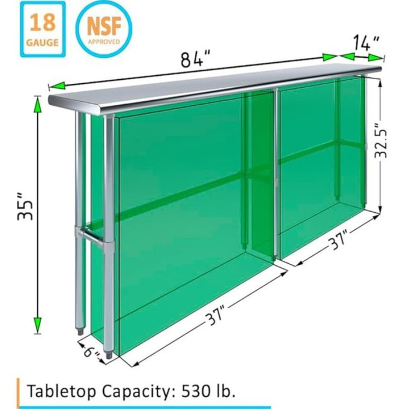 Table de travail commerciale à base ouverte en acier inoxydable H 35 po x l 14 po x L 84 po Express KitchQuip - Certifié NSF
