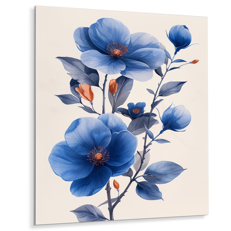 «Blue Cherry Blossom Beauty III» - art mural fleur de cerisier, Métal métal, H 12 po x l 20 po x P 1 po