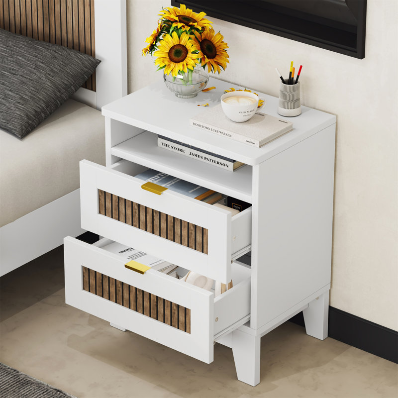 Charming Farmhouse Wooden Nightstand With Storage And Stylish Handles, White