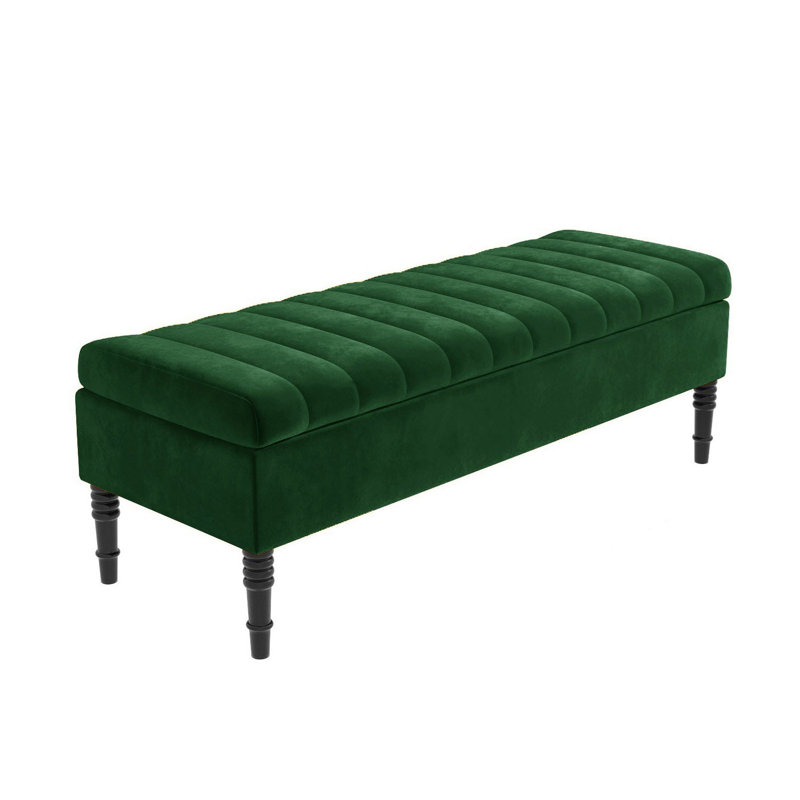 Safar Striped Ottoman Storage Bench – Upholstery Plush Velvet Shoe Bench with Black Turned Wooden Legs, Forest Green