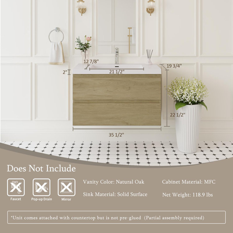 Meuble-lavabo mural 36 po avec lavabo et lavabo en résine, Chêne