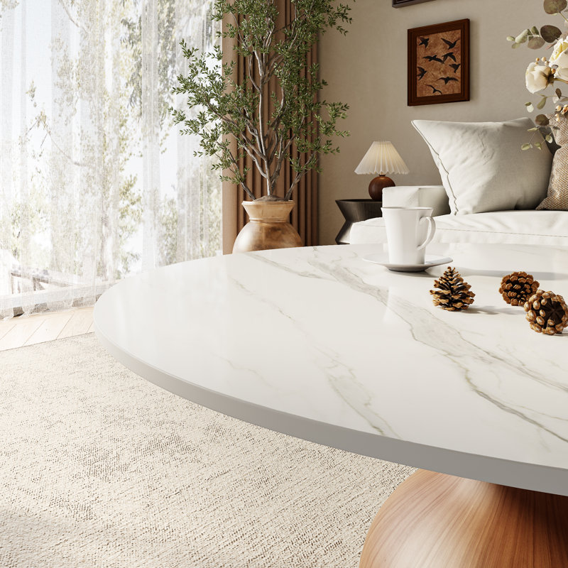 Gorman Mid-Century Modern Round Coffee Table For Living Room & Home Decor, Snowy White Top/Brown Base