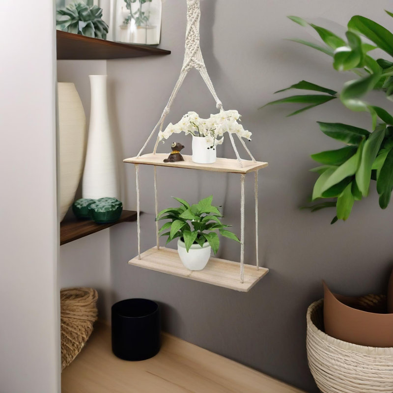 Garling 2 Tier Wooden Hanging Shelves With Rope Home Living Room Decor