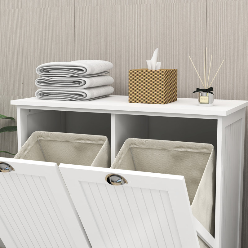 Laundry Sorter Cabinet - White, Made, Painted, Removable Cloth Bags, 120 Assembly, 100-Pound Load Capacity White With 2 Compartments, Construction, Painting, Detachable Capacity, Assembly Included