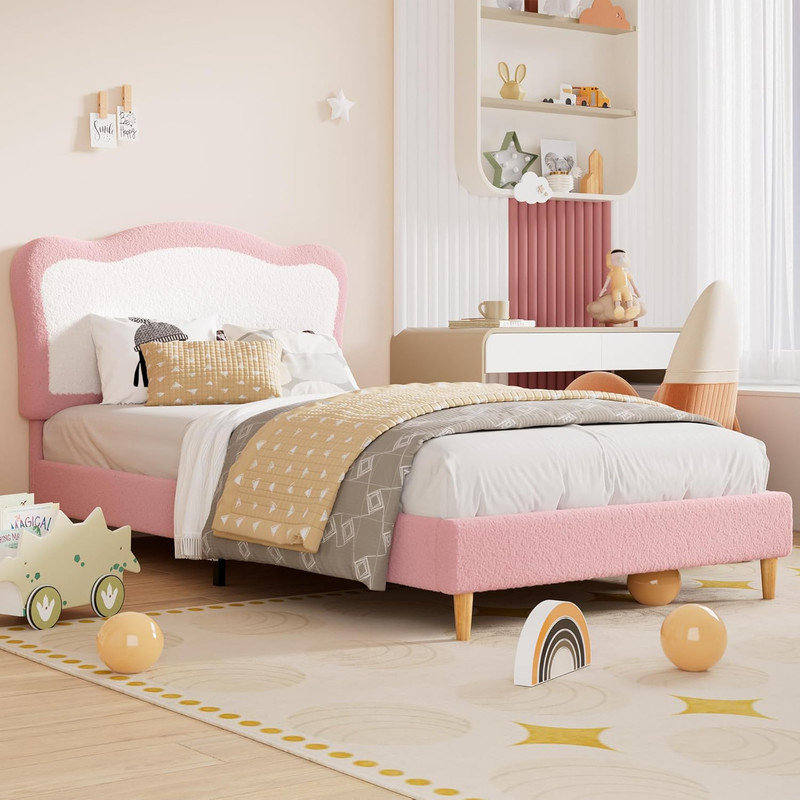 Upholstered Twin/Full Bed with Scallop Headboard - Berber Fleece Kids Bed, Noise-Free, No Box Spring Needed, Twin, Pink