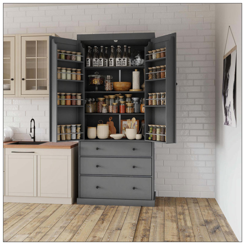 Armoire de cuisine Farmhouse, armoire de rangement haute autoportante avec 3 tablettes réglables, 8 tablettes de porte, 3 tiroirs pour la cuisine, la salle à manger
