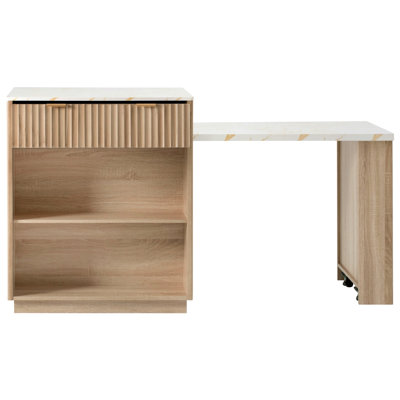 Îlot de cuisine cannelé 82,6 po avec table de salle à manger extensible pour 4 à 6 personnes, table d'îlot de cuisine avec prise de courant, table de cuisine avec rangement double, 2 tiroirs et 2 tablettes ouvertes latérales