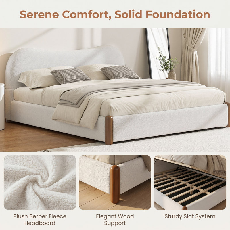 Queen Size Upholstered Platform Bed with Wood Supporting Feet, Soft Berber Fleece Fabric Bed Frame, Modern Minimalist Bedroom Furniture with Headboard, 600 lb Capacity
