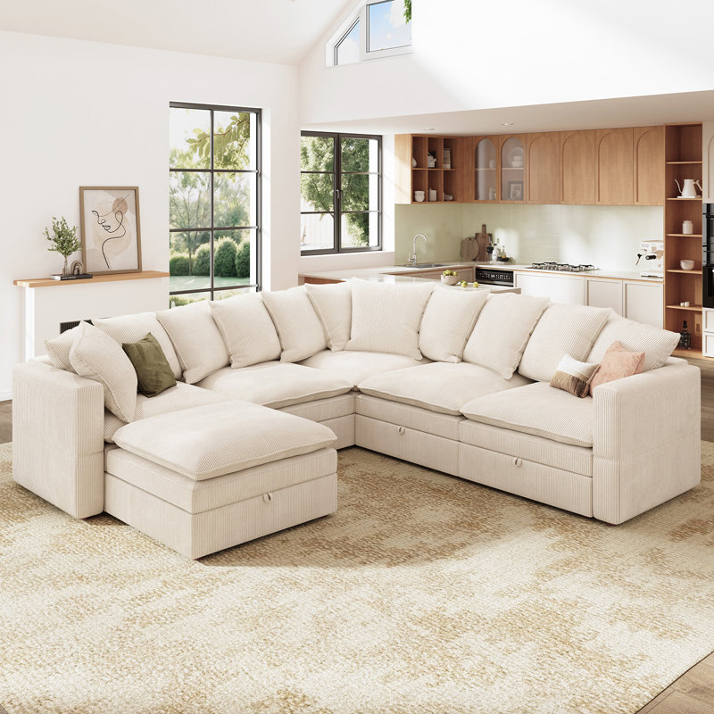  Wynter U-Shaped Corduroy Modular Sectional with Storage, Beige Corduroy, 28.7" H x 105.5" W x 105.6" D