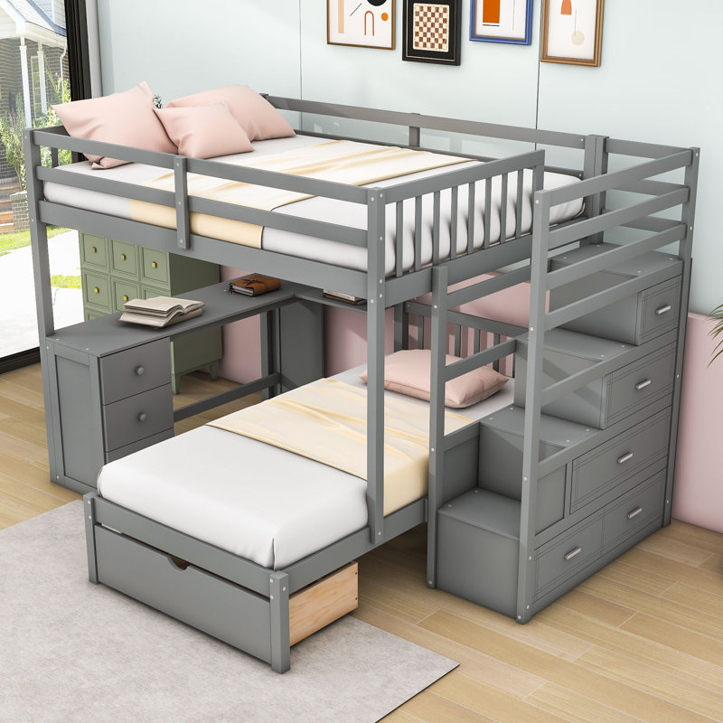 Lit superposé double en bois double avec bureau, tablettes et 8 tiroirs, gris