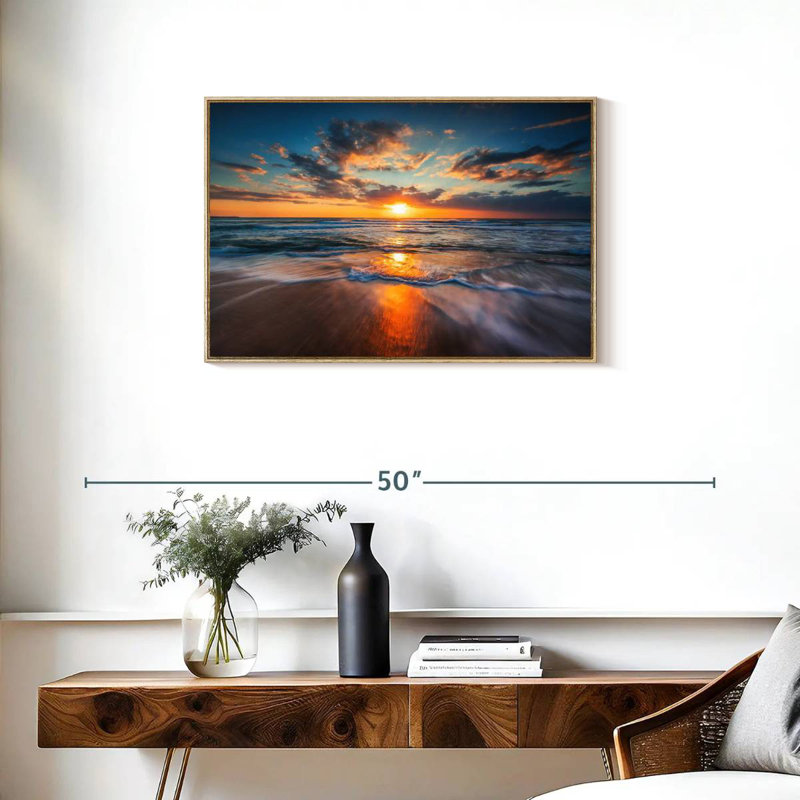 Été, océan, lever de soleil, Cadre flottant en bois naturel, 31 po x 21 po