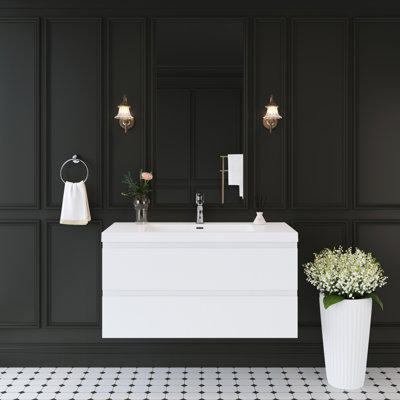 Meuble-lavabo de 42 po avec lavabo blanc brillant, lavabo à surface solide, tiroirs à fermeture en douceur, fonctionnel et élégant, espace, comptoir en résine, facile à assembler, plateau de meuble flottant de construction
