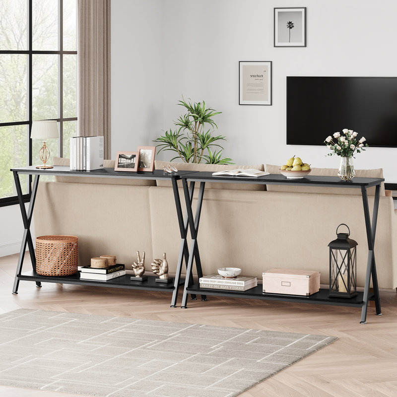 Konsolentisch Mit 2 Ablagen, Kleiner Eingangstisch, Schmaler Flur-Tisch, 2-Stufiger Industrieller-Tisch, Couchtisch Hinter Sofa for Eingang, Wohnzimmer, Schlafzimmer, Braun, 105x30x80 Cm