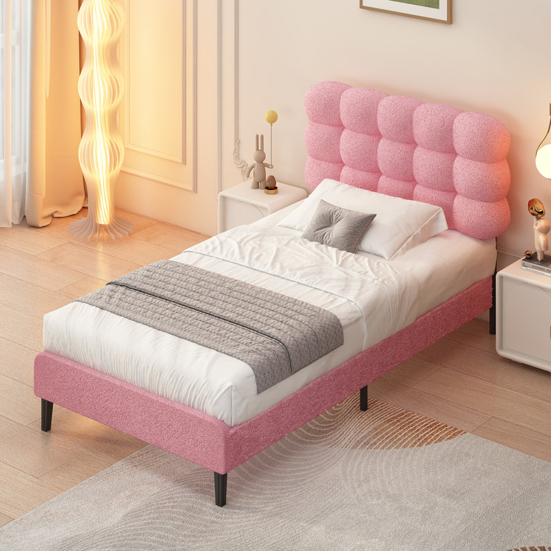 Aadi Upholstered Headboard, Platform Bed with Strong Wooden Slats Support, Two Bed Forms Design, Twin, Pink