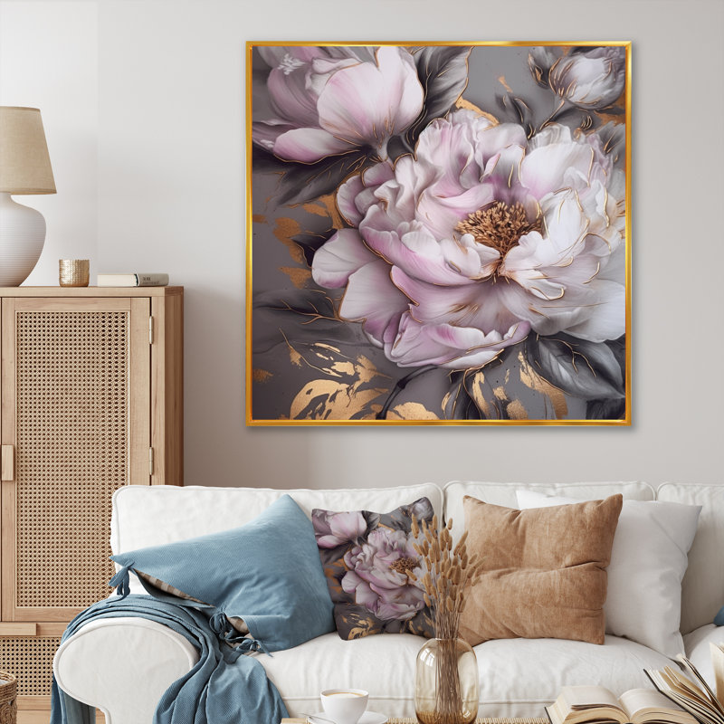 Pivoines roses et grises élégance III - impression, H 36 po x l 36 po x P 1,5 po, Cadre flottant doré