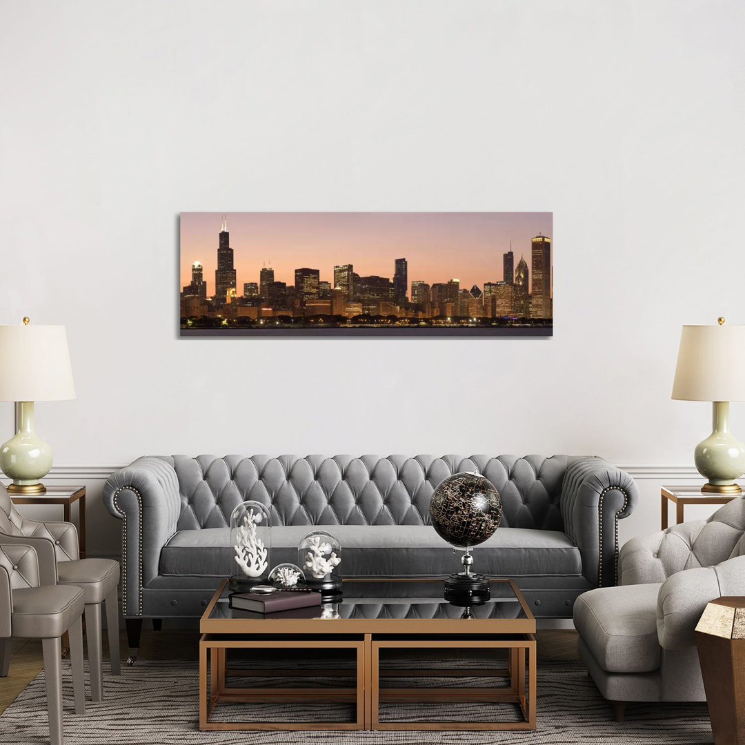 Chicago Skyline Cityscape (Dusk) by Unknown Artist - Wrapped Canvas Panoramic Print
