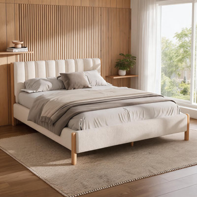 Queen Sized Platform Bed for Bedroom, White Finish Boucle Upholstered with Thick Padded Headboard