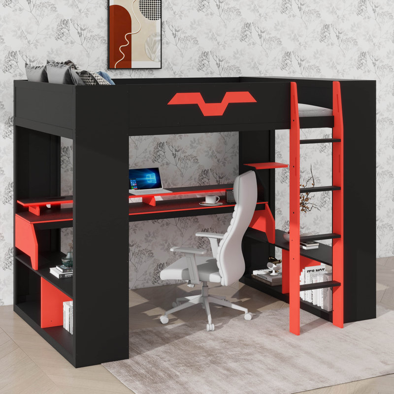 Full Size Wooden Loft Bed With Power Socket & USB/Type-C Connectors, Built-In Cable Organizer, And RGB Lighting, Black/Red
