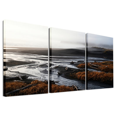 «Black Sand River Delta» avec ensemble de 3 toiles sur bois flottant et dune herbe