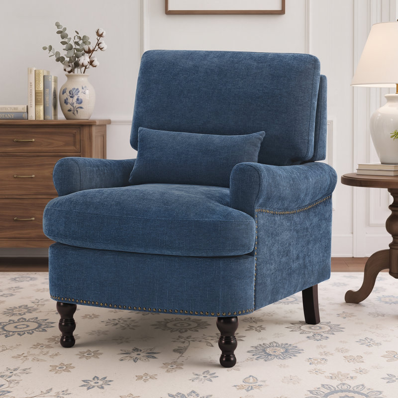 Fauteuil d'appoint Rickon style campagne française, avec accoudoirs arrondis et coussin lombaire, idéal pour le salon, la chambre ou le bureau à domicile.