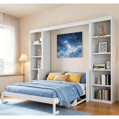 Queen Size Murphy Bed With Desk And Bookshelf, Space-Saving Design For Small Rooms, No Spring Box Needed, White