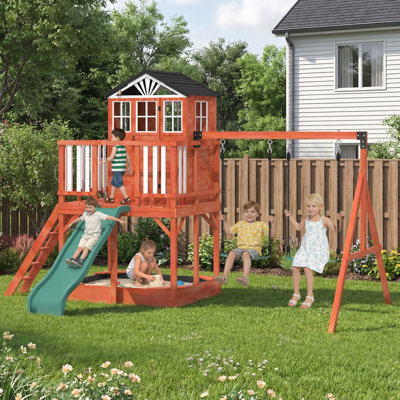 Kids Outdoor Wooden Swing Set with Elevated Playhouse, Wave Slide, Belt Swings and Sandbox