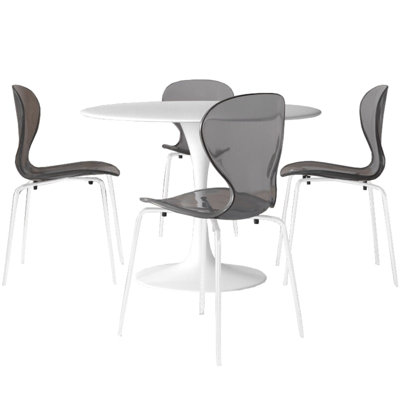Ensemble de salle à manger 5 pièces avec table de salle à manger ronde en panneau de fibres à densité moyenne blanche de 35 po et 4 chaises d'appoint en plastique avec pieds blancs