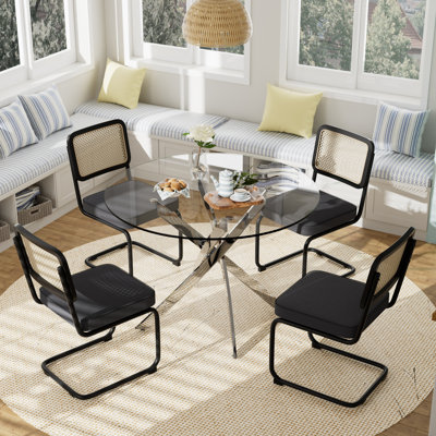 5-Piece Pedestal Dining Set-Round Dining Table with Rattan Upholstered Dining Chairs