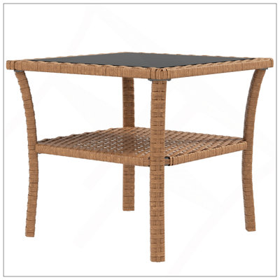 Table d'appoint en rotin Outsunny, table de bout d'extérieur avec tablette de rangement, cadre carré en aluminium, table basse avec plateau en verre trempé, sable