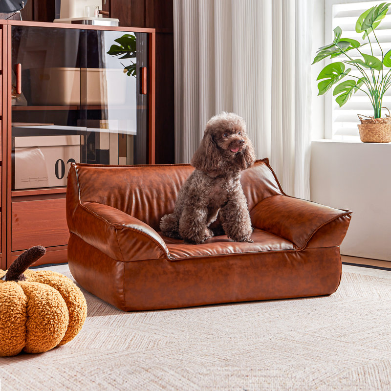 Canapé-lit en cuir brun pour animaux de compagnie de petite taille et de poids moyen de moins de 50 lb de 31,5 po Analogie