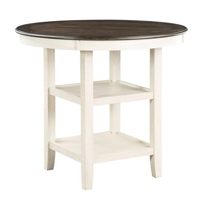 Table à hauteur de comptoir pour la salle à manger, fini brun et blanc antique, transitionnel, 2 tablettes d'exposition, table de salle à manger en placage de bois d'ingénierie, style transitionnel,