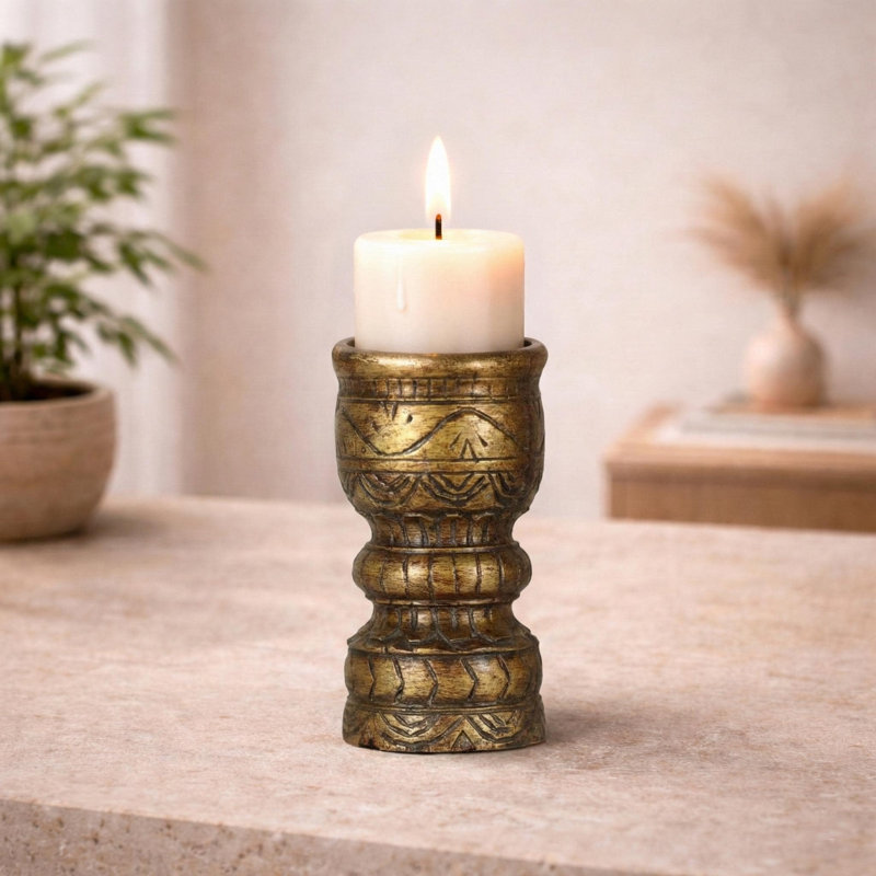 Vintage Gold Hand-Carved Wood Candle Holder for Rustic Table Decor