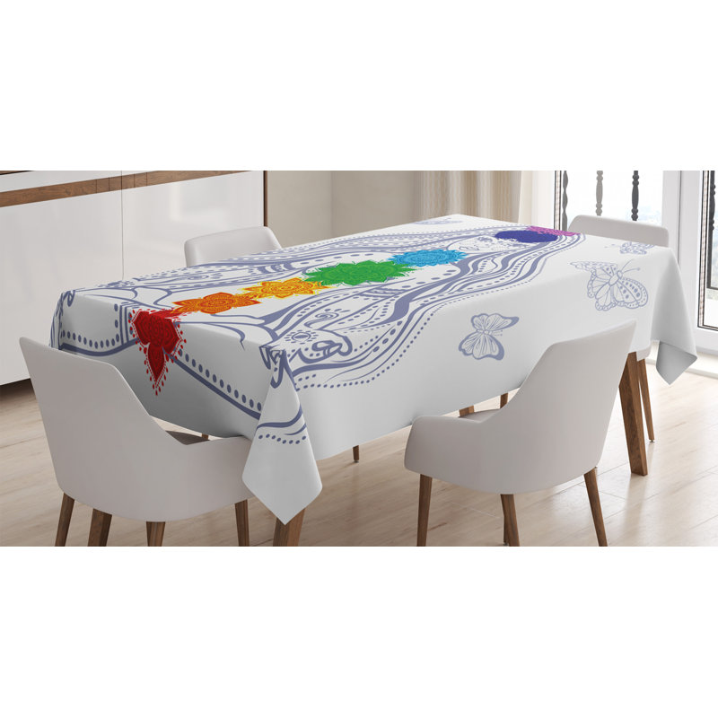 Ambesonne Chakra Tablecloth, Girl In Lotus With Colorful Chakra Stones Yoga Meditation Relax Theme Oriental, Rectangular Table Cover For Dining Room Kitchen Decor, 52" X 70", Multicolor