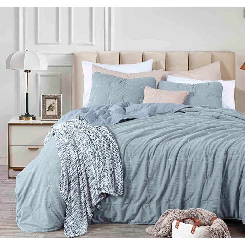  Corduroy Polyester Cross Stitch Comforter Set, King Comforter + 2 King Shams, Smoke Blue