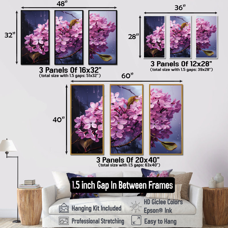 Ensemble de décoration murale lilas beauté dévoilée IV - lilas, Cadre naturel flottant, H 28 po x l 36 po x P 1 po