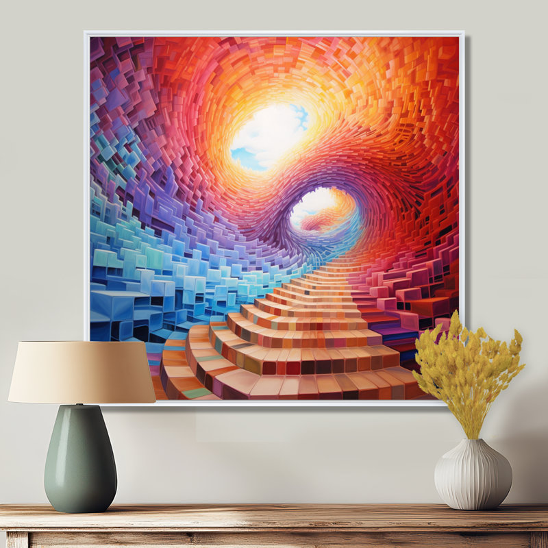 «Stairs To Rainbow Infinity», paysage abstrait, art mural, Cadre flottant blanc, H 30 po x l 30 po