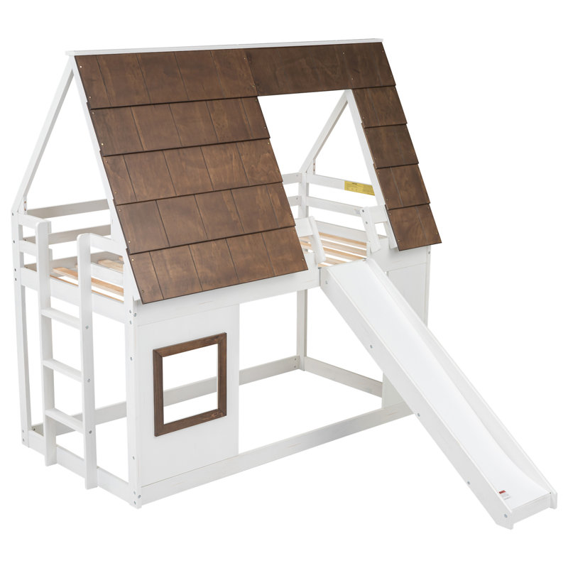 Lit superposé avec toit Wood House, Brun / Blanc