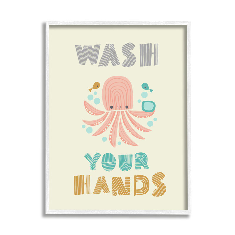 Art de pieuvre Gupton Wash Your Hands, H 14 po x l 11 po, Giclée encadrée blanc bord de mer