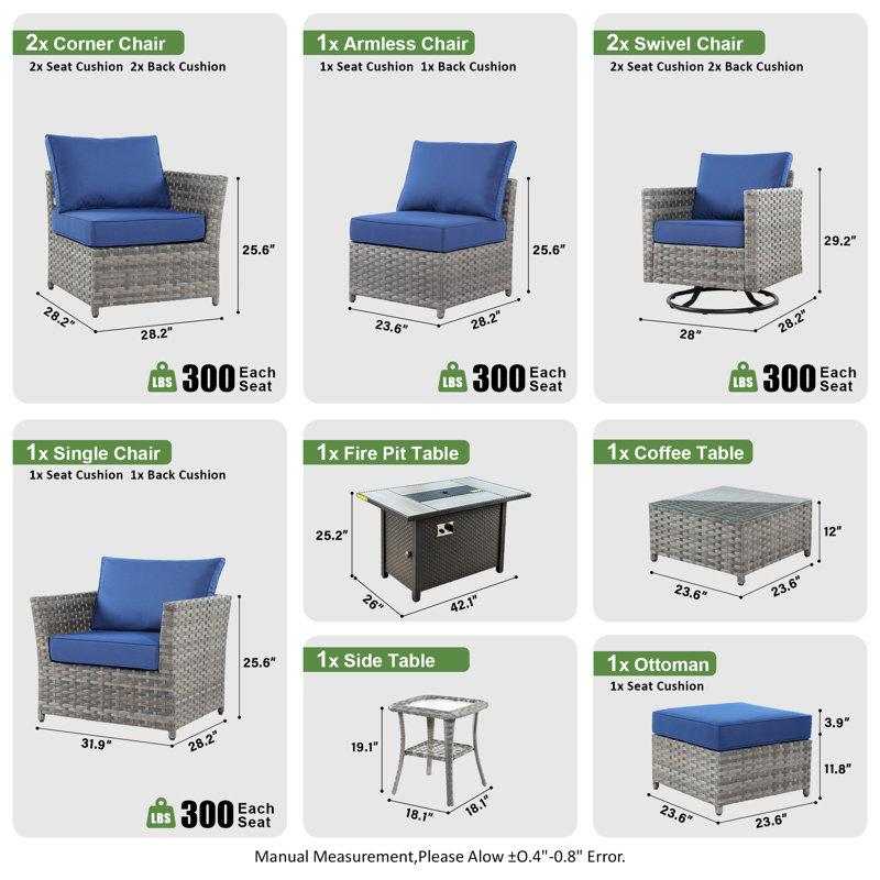 Ignatz 10 - Piece Patio Furniture Set With Cushions, Navy Blue
