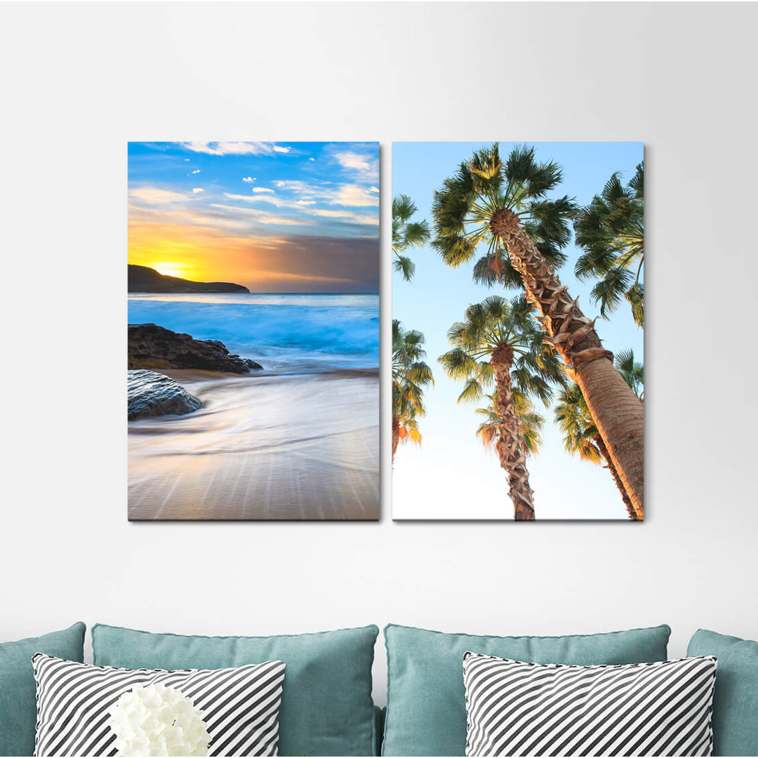 2-tlg. Leinwandbilder-Set - Grafikdruck „Palm Trees Beach Sea Dream Vacation South Summer Relaxing”