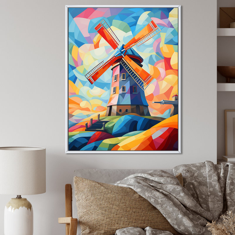 «Neo-Fauvist Wind Mill», impression sur toile, Cadre flottant blanc, H 32 po x l 16 po x P 1 po