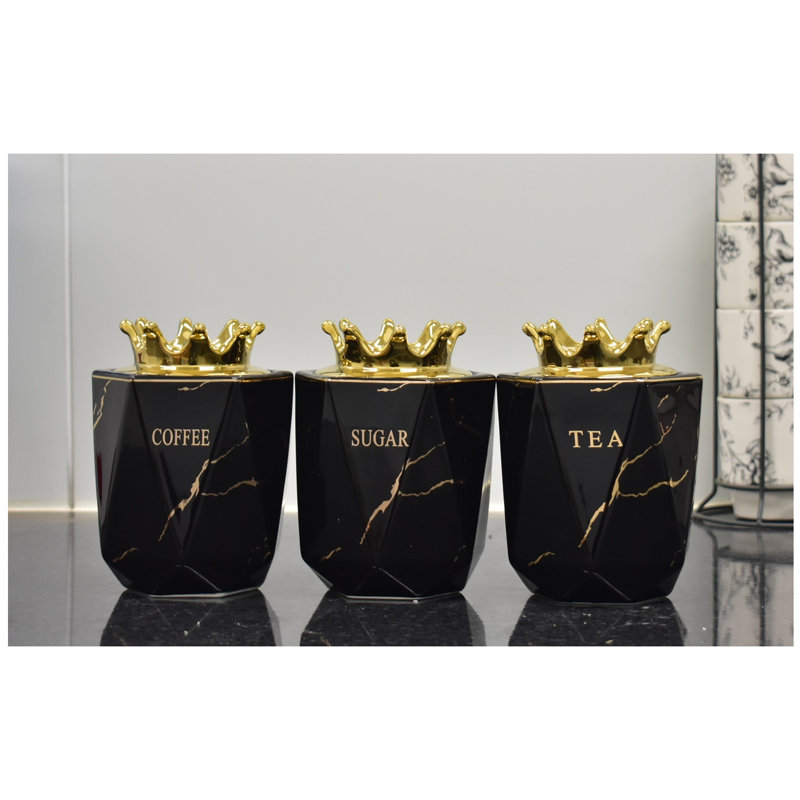 Ceramic / Porcelain Jar - Set of 3, Grey/Gold