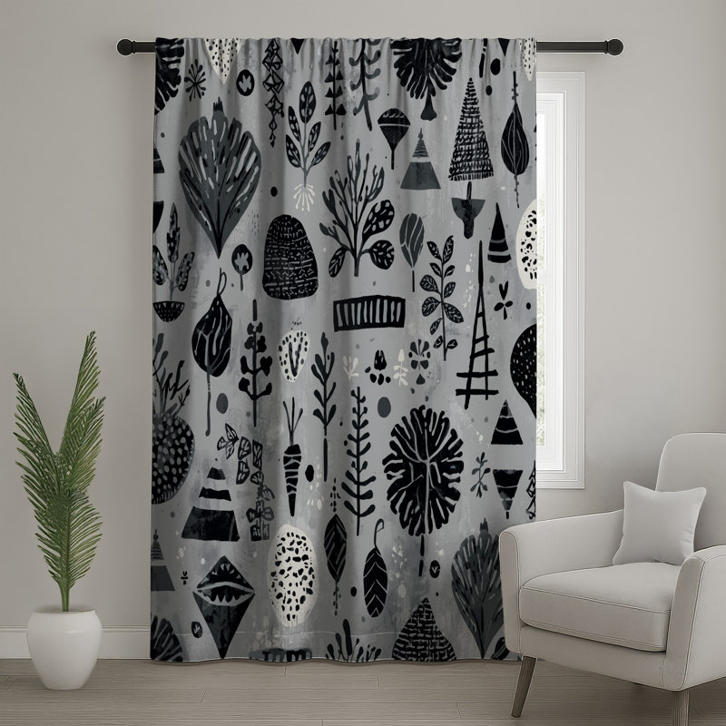 Rideaux noirs et blancs à motif botanique à motifs botaniques - 1 panneau, Transparent, 50" x 80" - 1 Panel