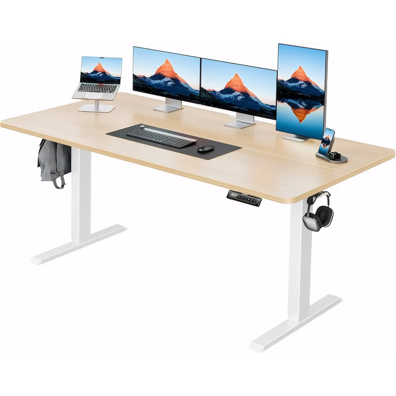 Bureau debout électrique à hauteur ajustable, L 55 po x P 28 po, Beige / Blanc