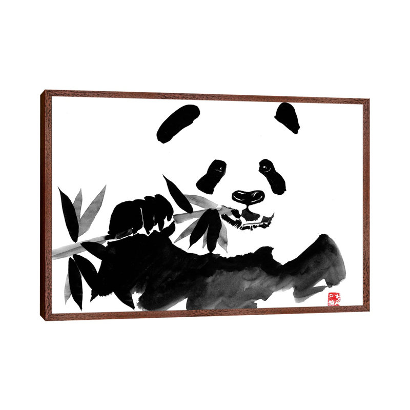 Eating Panda by Péchane - Print on Canvas, 152.5 cm H x 101.5 cm W, Classic Brown Wood Framed