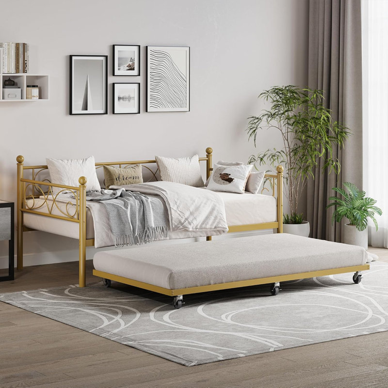 Twin Size Daybed Frame, Metal Daybed with Floral Headboard, Steel Slats Supports, Space-Saving Multifunctional for Living Room